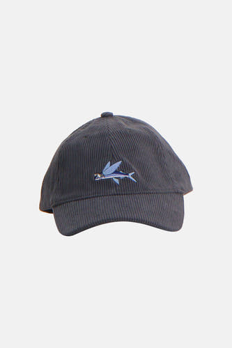 Casquette bleue LAKOR avec une texture velours côtelé, dos avec sangle réglable et étiquette.
