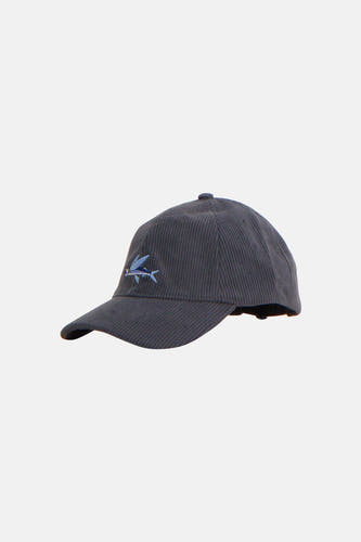 Casquette bleue LAKOR, avec un motif de poisson brodé sur le devant et des côtes verticales.