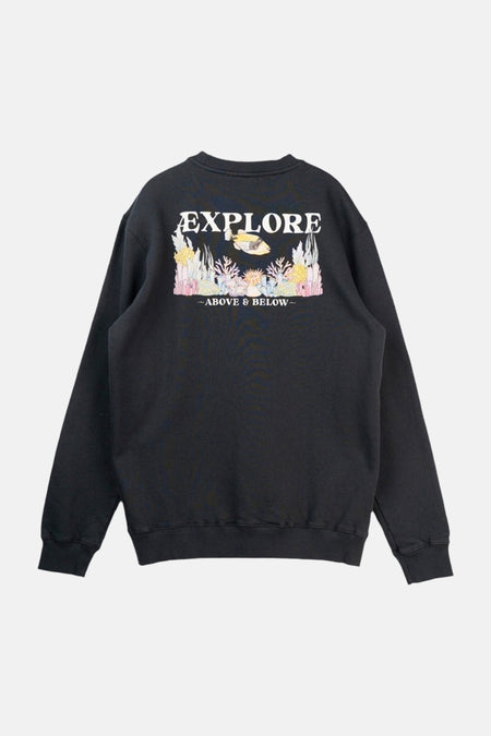 Sweat-shirt noir de LAKOR, avec un imprimé de récif corallien et le texte "Explore Above & Below" dans le dos.