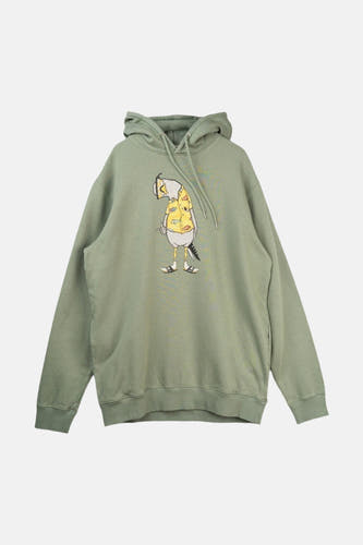 Sweat à capuche vert de LAKOR, avec un imprimé de style dessin animé d'un oiseau portant une chemise d'été.