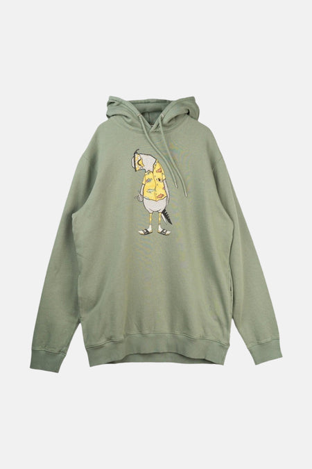 Sweat à capuche vert de LAKOR, avec un imprimé de style dessin animé d'un oiseau portant une chemise d'été.