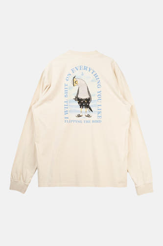 T-shirt écru à manches longues de LAKOR, avec imprimé d'un oiseau dessiné et texte dans le dos.