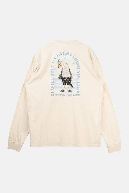 T-shirt écru à manches longues de LAKOR, avec imprimé d'un oiseau dessiné et texte dans le dos.