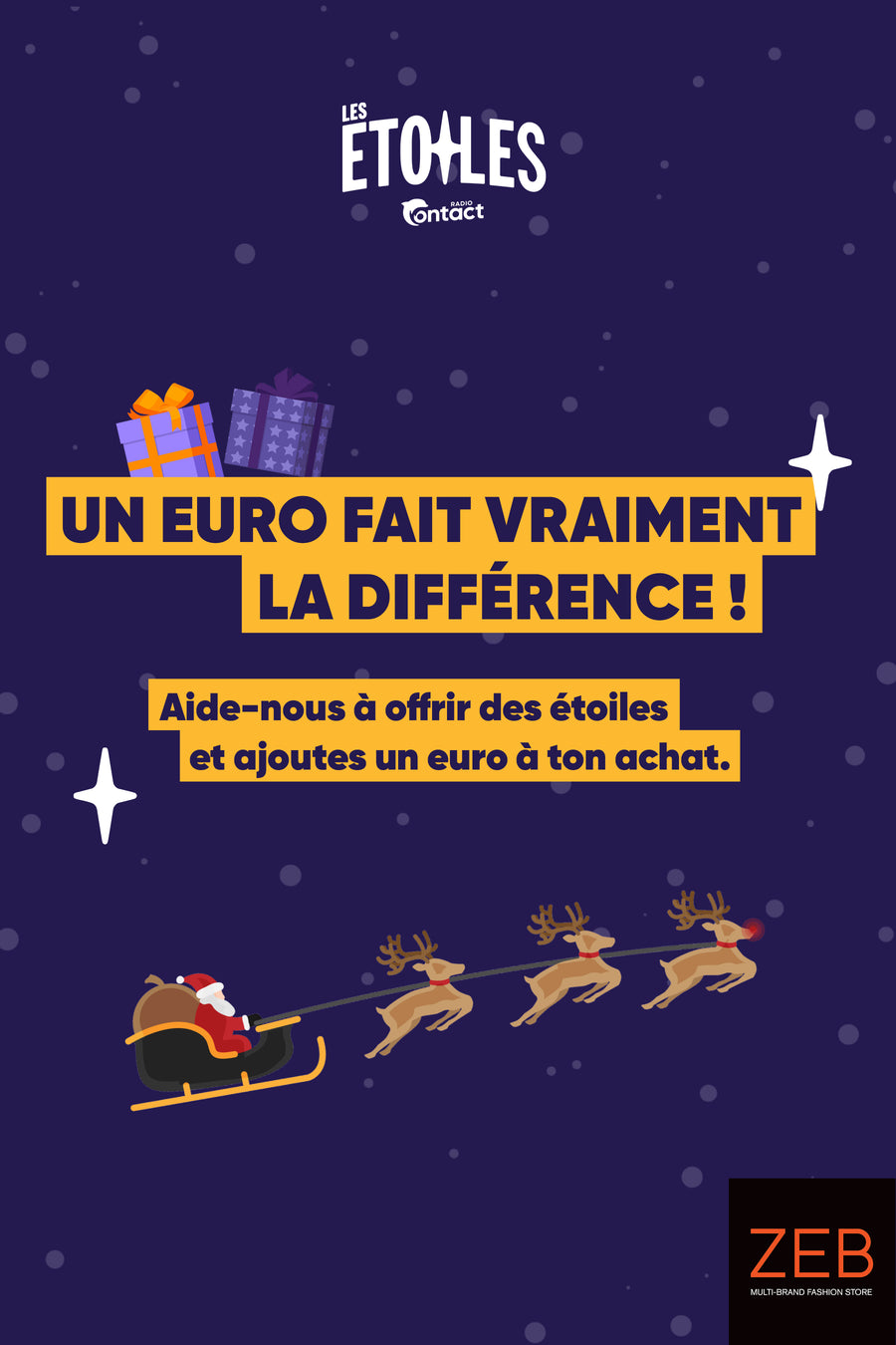 Campagne de bienfaisance de ZEB STYLE LAB avec des illustrations de cadeaux de Noël et du Père Noël.