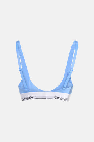 Soutien-gorge bleu Calvin Klein, vu de dos avec bretelles réglables et une bande élastique blanche.