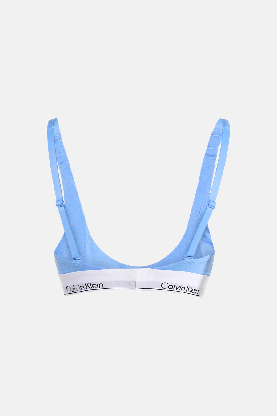 Soutien-gorge bleu Calvin Klein, vu de dos avec bretelles réglables et une bande élastique blanche.
