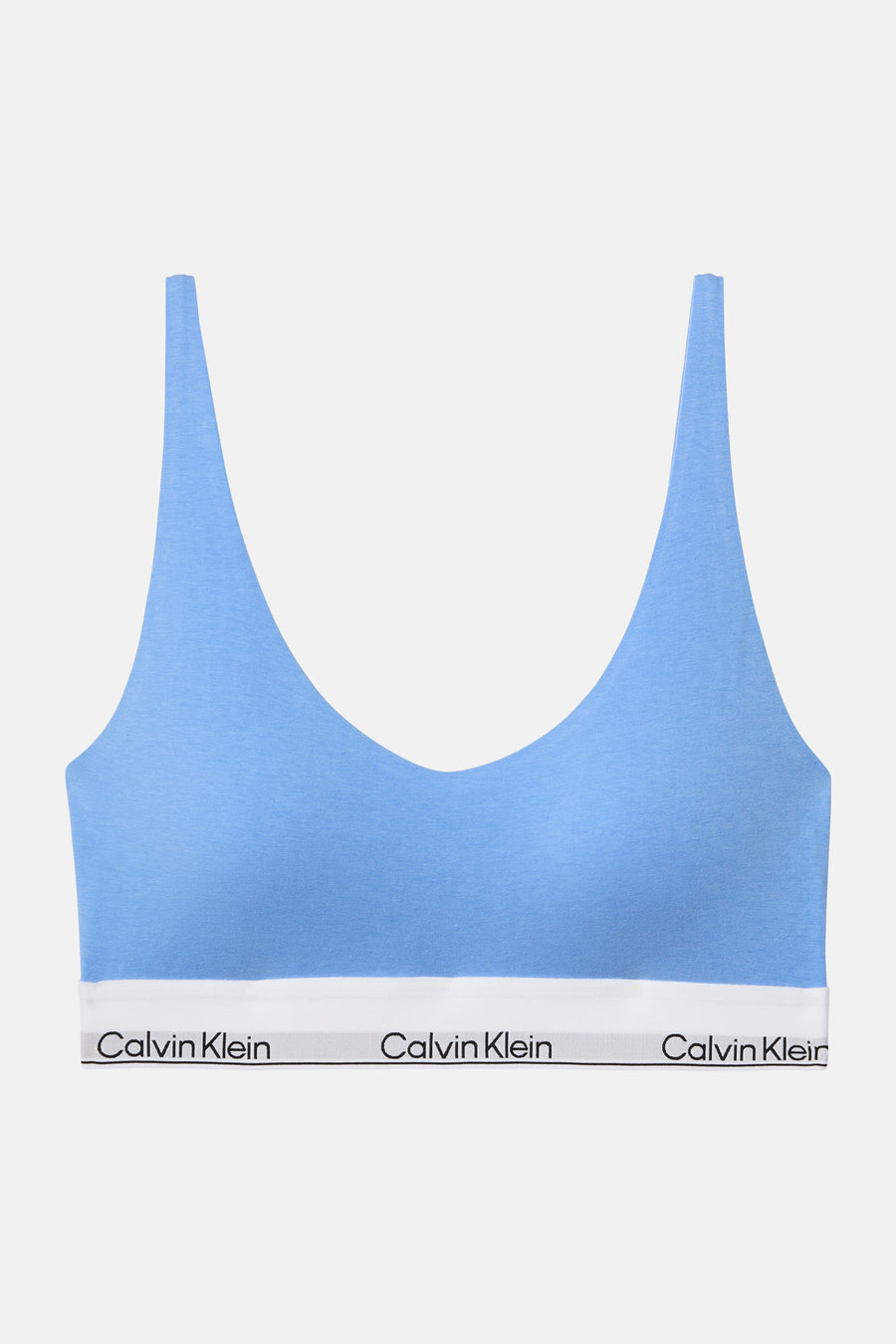 Soutien-gorge bleu Calvin Klein avec une bande blanche à logo.
