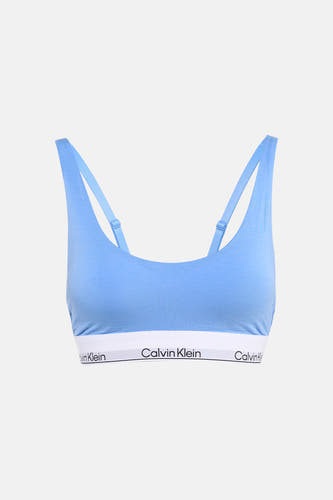 Soutien-gorge bleu Calvin Klein avec bretelles réglables et une bande blanche avec logo.
