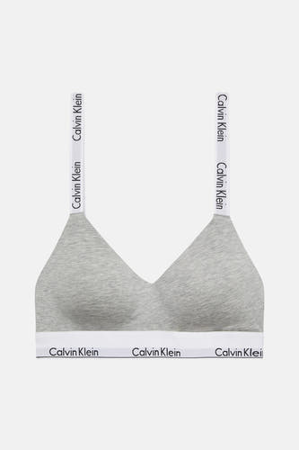 Soutien-gorge gris Calvin Klein, avec des bandes blanches et le logo de la marque sur les bandes.