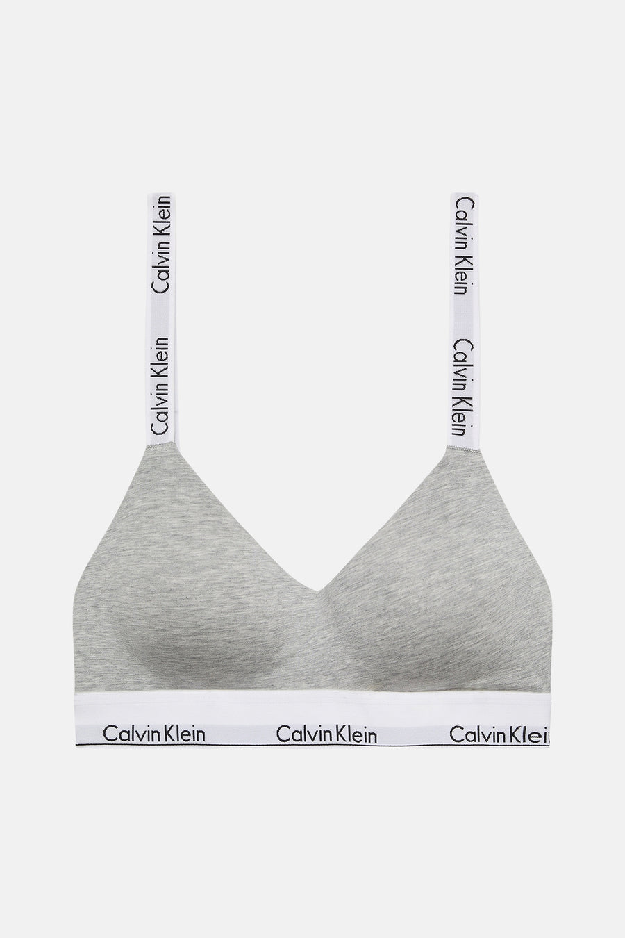 Soutien-gorge gris Calvin Klein, avec des bandes blanches et le logo de la marque sur les bandes.