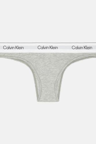 Grijze string van Calvin Klein, met een witte tailleband met merklogo.
