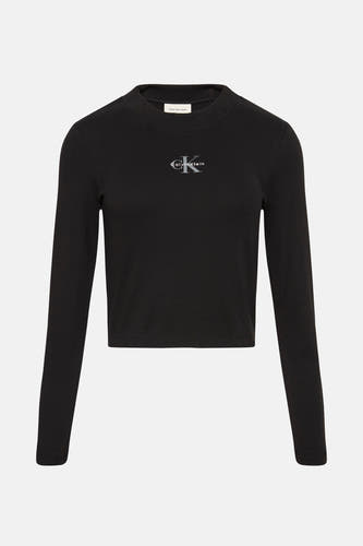T-shirt noir à manches longues de Calvin Klein, avec un tissu côtelé et un logo sur la poitrine.
