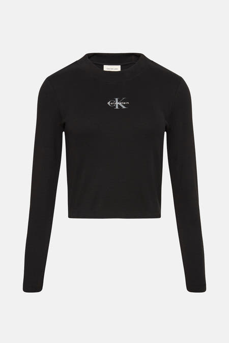 T-shirt noir à manches longues de Calvin Klein, avec un tissu côtelé et un logo sur la poitrine.