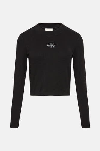 T-shirt noir à manches longues de Calvin Klein avec un petit logo sur la poitrine.