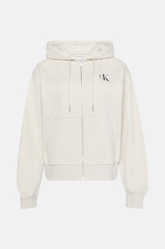 Gilet beige de Calvin Klein, avec capuchon, fermeture éclair et logo CK sur la poitrine.