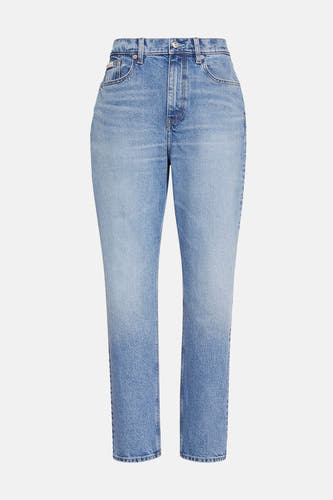 Jean mom bleu moyen de Calvin Klein, avec un lavage classique et une jambe droite.