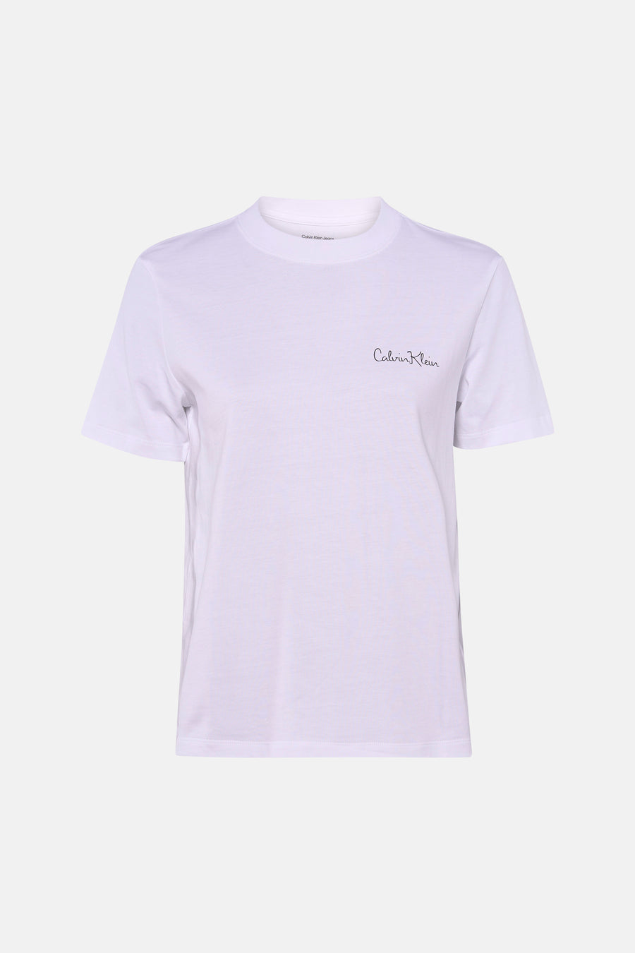 Wit T-shirt met korte mouwen van Calvin Klein, met kleine zwarte handtekening logo op de borst.