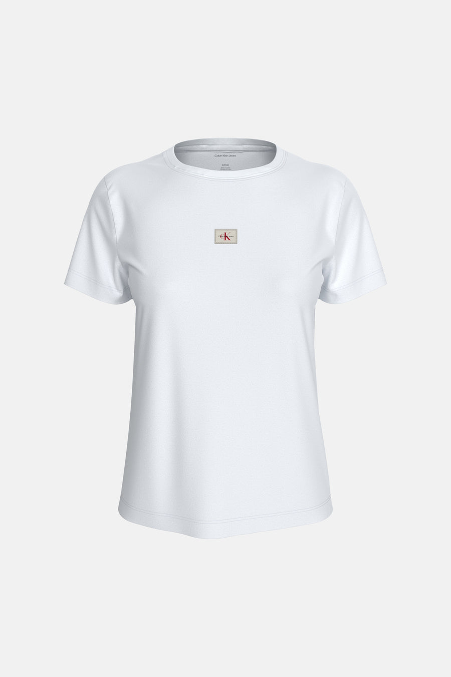 T-shirt blanc Calvin Klein Jeans avec un petit logo carré sur la poitrine.