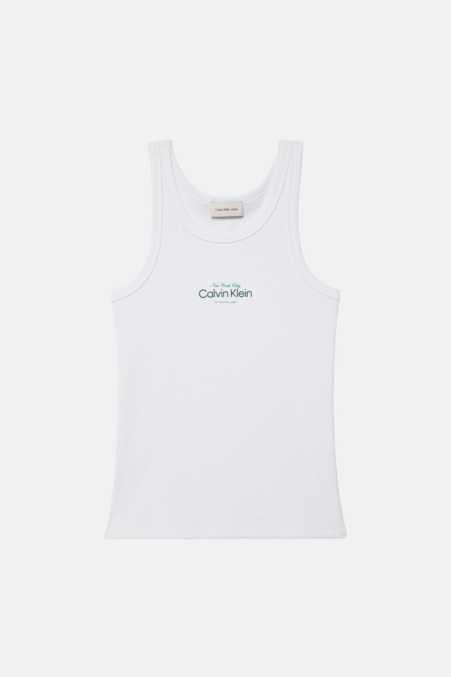 Débardeur blanc Calvin Klein, avec une texture côtelée et un logo de marque imprimé en vert.