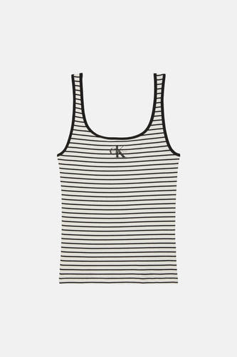T-shirt sans manches rayé de Calvin Klein, avec un col rond et le logo sur la poitrine.