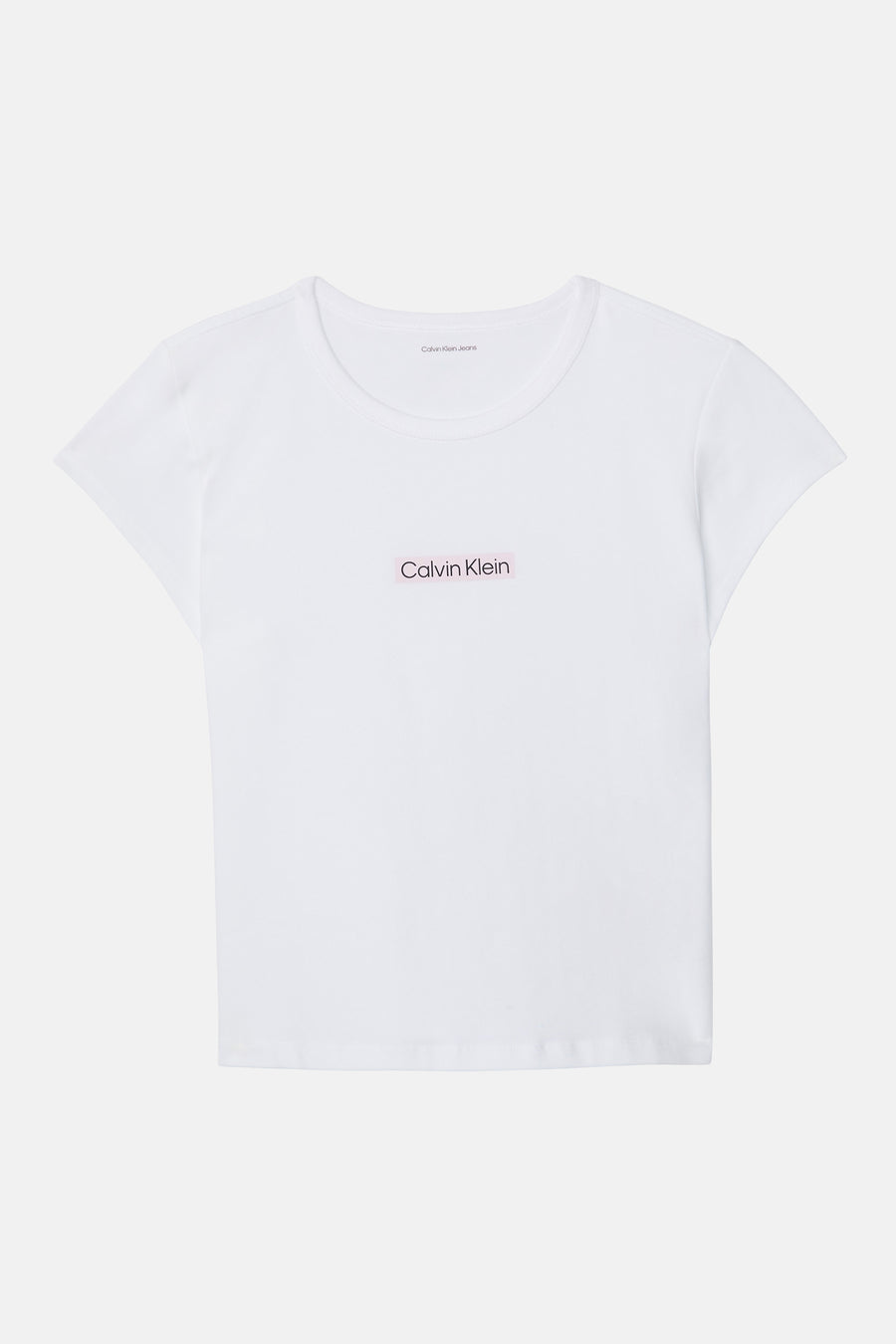 T-shirt blanc à manches courtes Calvin Klein avec un petit logo rose sur le devant.