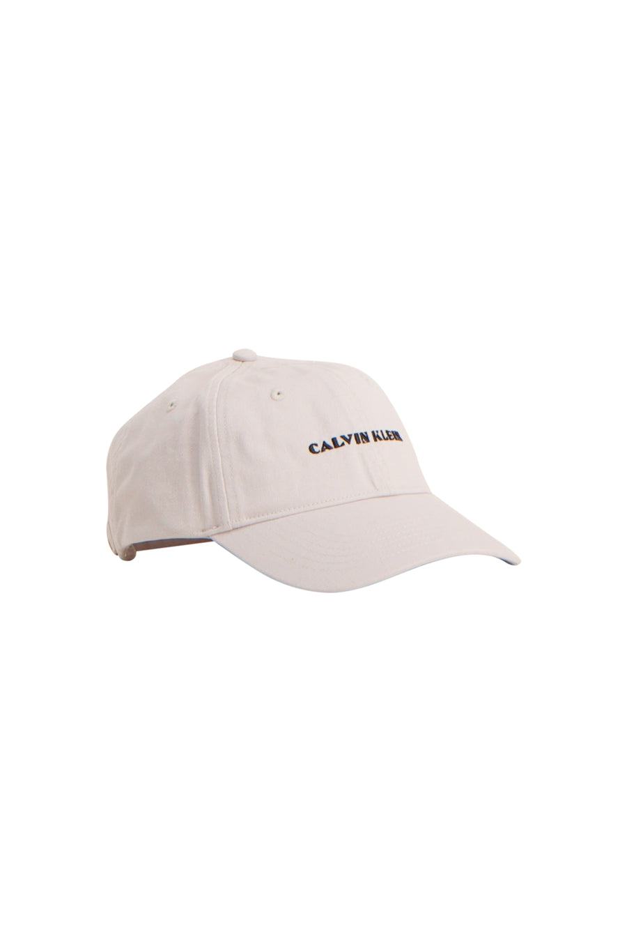 Casquette beige clair Calvin Klein avec broderie sombre 'CALVIN KLEIN' sur le devant, vue de côté.