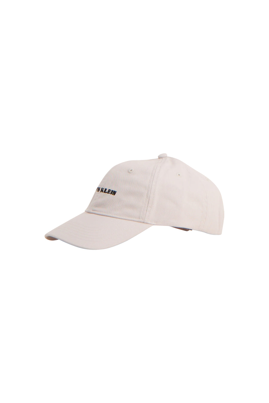 Casquette beige clair Calvin Klein avec logo noir sur le devant, vue latérale.