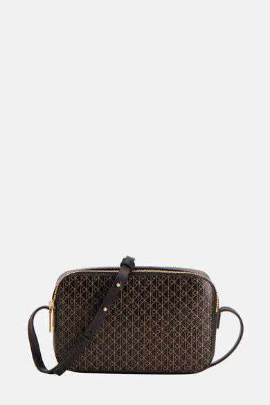 Sac à dos noir de Calvin Klein avec un motif graphique de logos CK bruns.