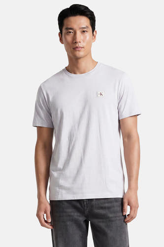 Grijze korte mouw T-shirt van Calvin Klein met klein wit logo op borst, gedragen door model in lifestyle pose