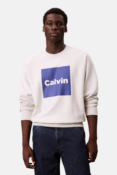 Pull-over gris à col rond de Calvin Klein, avec logo bleu sur la poitrine, porté avec un jeans foncé.