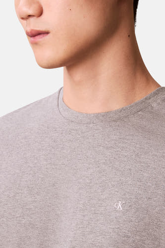 T-shirt gris à manches courtes de Calvin Klein, tissu uni avec petit logo sur la poitrine.