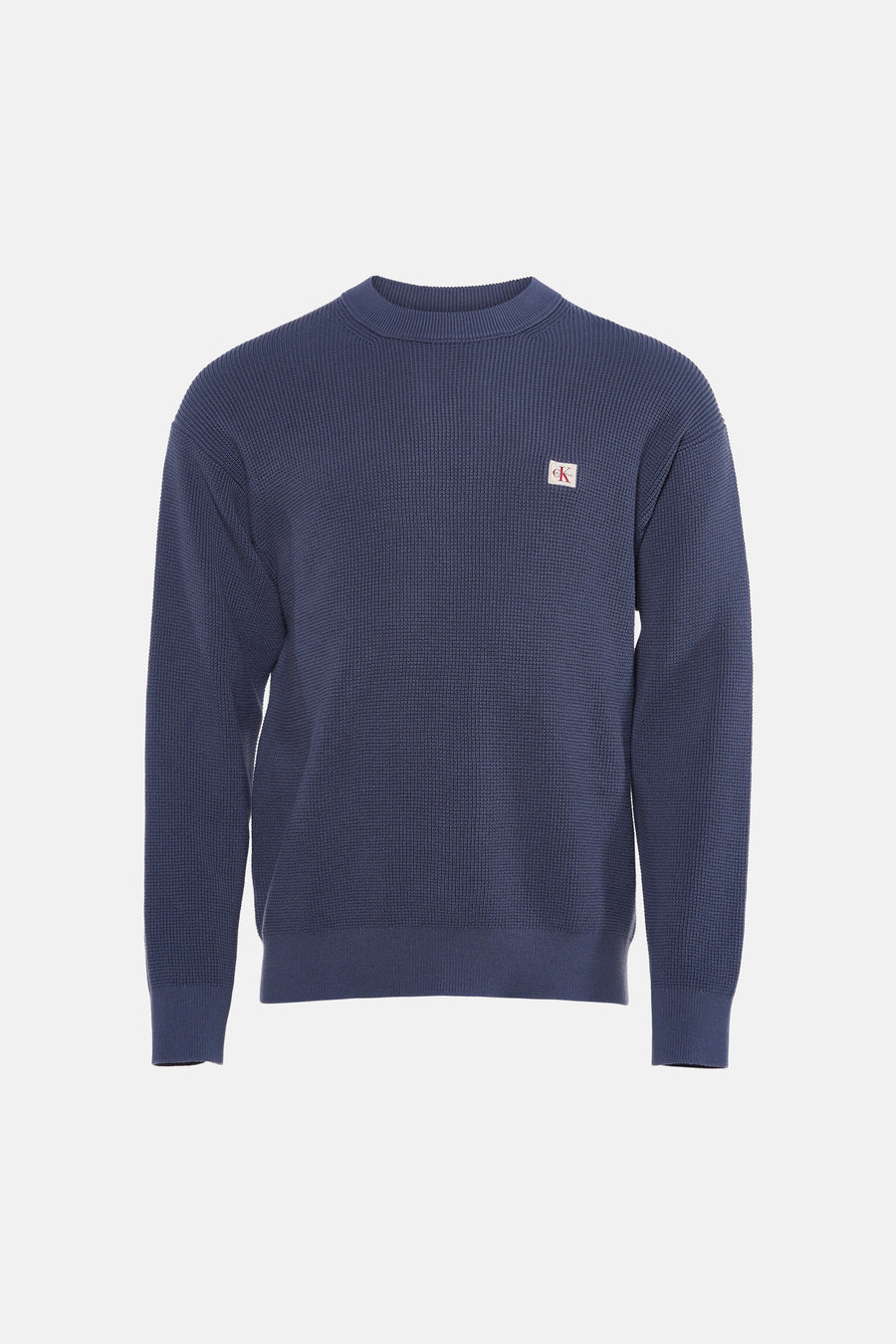 Blauwe ronde hals trui van Calvin Klein met fijne ribstructuur en klein logo op borst, front view