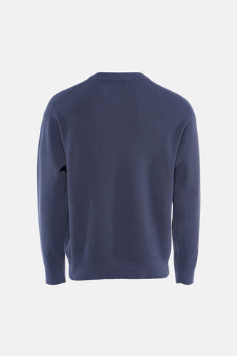 Blauwe ronde hals trui van Calvin Klein, achterkant, fijne ribstructuur, lange mouwen, strakke pasvorm