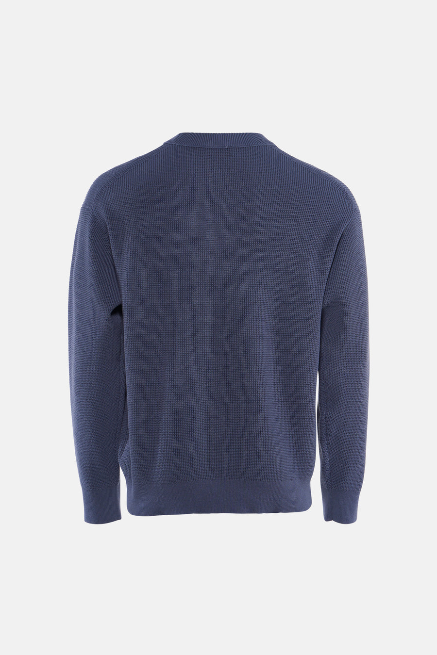 Blauwe ronde hals trui van Calvin Klein, achterkant, fijne ribstructuur, lange mouwen, strakke pasvorm