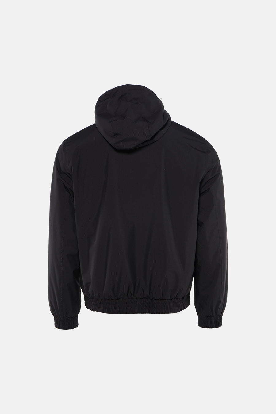 Manteau de pluie noir Calvin Klein avec capuche, ourlet et poignets élastiques.