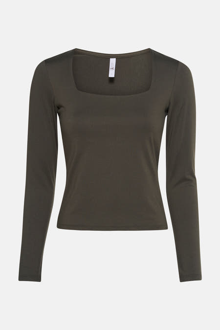 T-shirt kaki à manches longues de HAILYS, avec une encolure carrée et des manches longues.