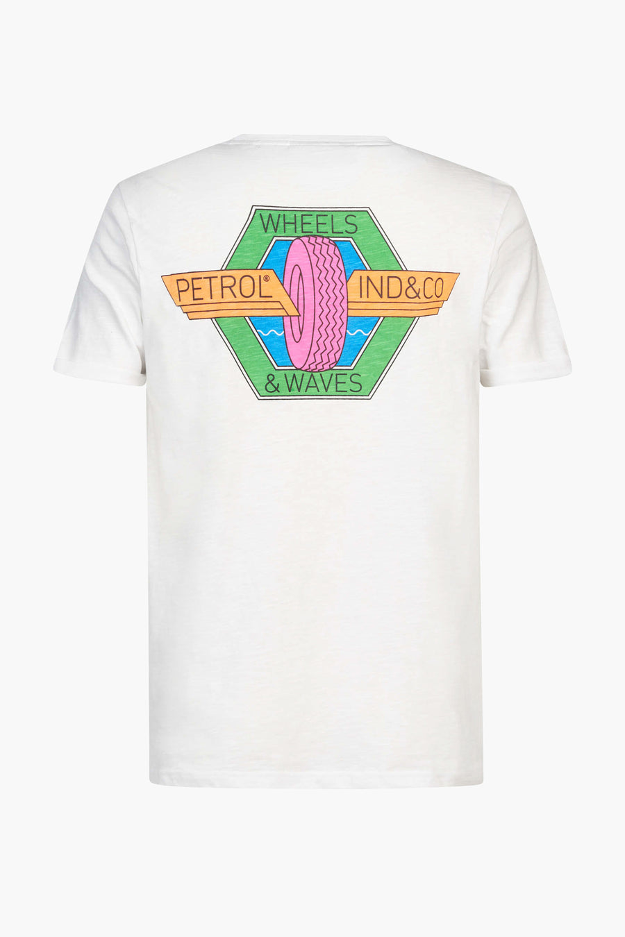 T-shirt blanc de Petrol Industries® avec imprimé Wheels & Waves sur le dos.