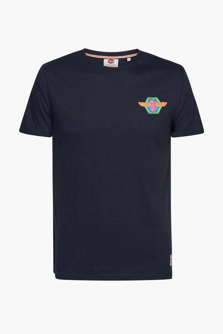 T-shirt bleu de Petrol Industries avec une impression vintage inspirée et colorée sur le dos.
