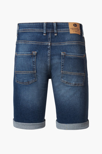 Blauwe denim herenshorts met omgeslagen pijpen.