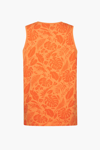 Oranje tanktop van Petrol Industries met een tropische bladerprint, gezien van achteren.
