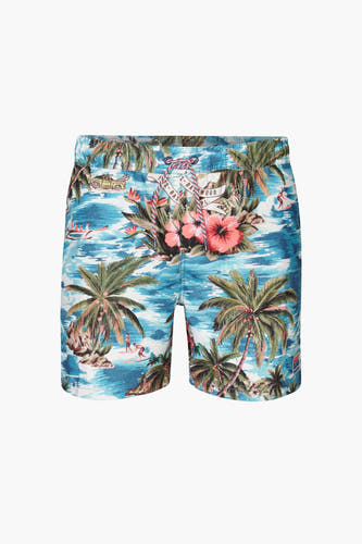 Maillot de bain bleu de Petrol Industries avec imprimé de palmiers tropicaux et de fleurs.