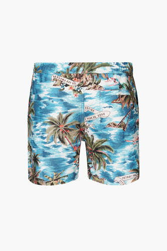 Maillot de bain bleu de Petrol Industries avec une imprimé tropique de palmiers et des détails vintage.