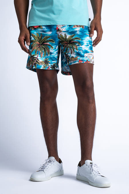 Short de bain de Petrol Industries Industries, Industries avec im im d palm palm palm et et et blanches.