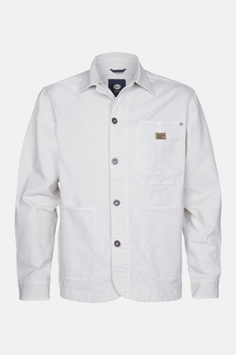 Wit katoenen jack met knopen en zakken.