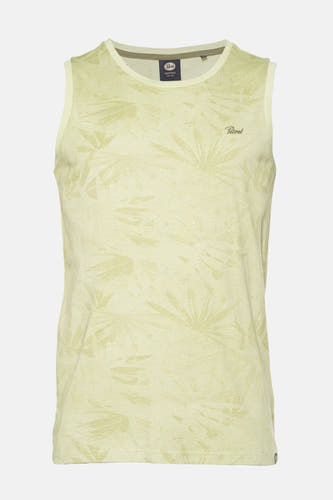 T-shirt vert tank sans manches de Petrol Industries, avec une subtile impression de feuille et un col rond.