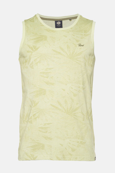 T-shirt vert tank sans manches de Petrol Industries, avec une subtile impression de feuille et un col rond.