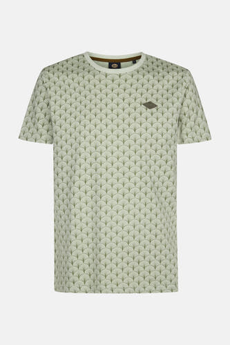 T-shirt vert avec manches courtes de Petrol Industries, doté d'un motif graphique en forme de ventilateur sur l'ensemble du t-shirt.