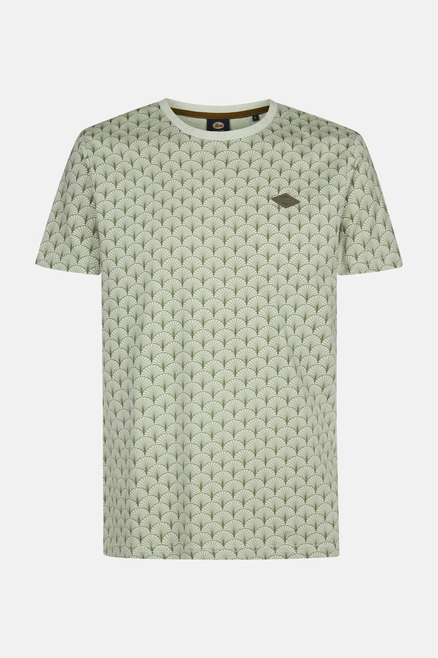 T-shirt vert avec manches courtes de Petrol Industries, doté d'un motif graphique en forme de ventilateur sur l'ensemble du t-shirt.