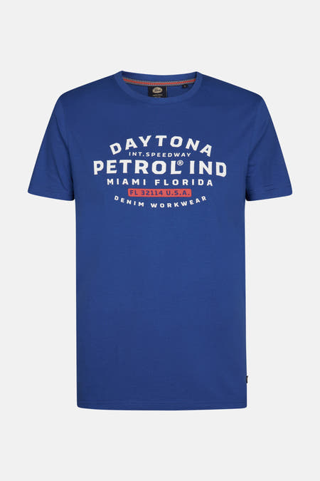 T-shirt bleu à manches courtes de Petrol Industries, avec impression de logo blanc et col rond.