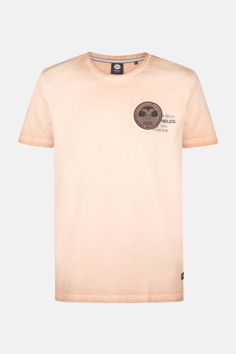 Lichtroze T-shirt met ronde hals en print.